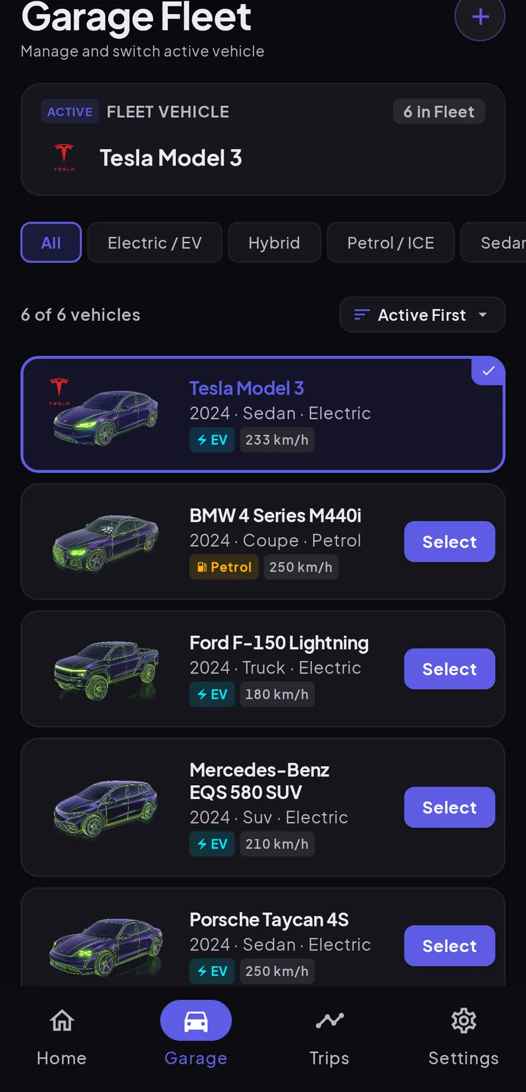 Cardashly garage listing several saved vehicles with type and top speed