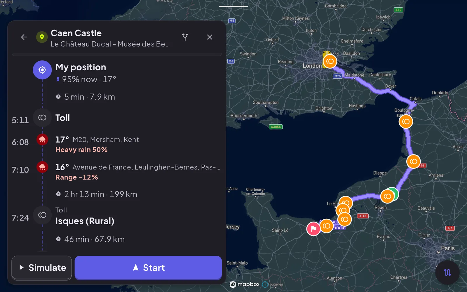 Cardashly-Routenverlauf von London Richtung Caen mit Mautstellen, vorhergesagtem Regen und Ankunftszeiten
