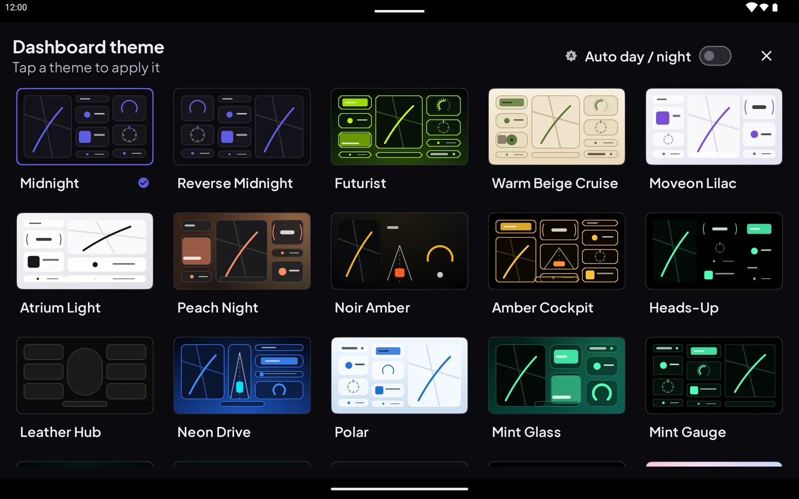 Cardashly-Designauswahl mit Layouts wie Midnight, Futurist, Warm Beige Cruise, Noir Amber und Mint Glass