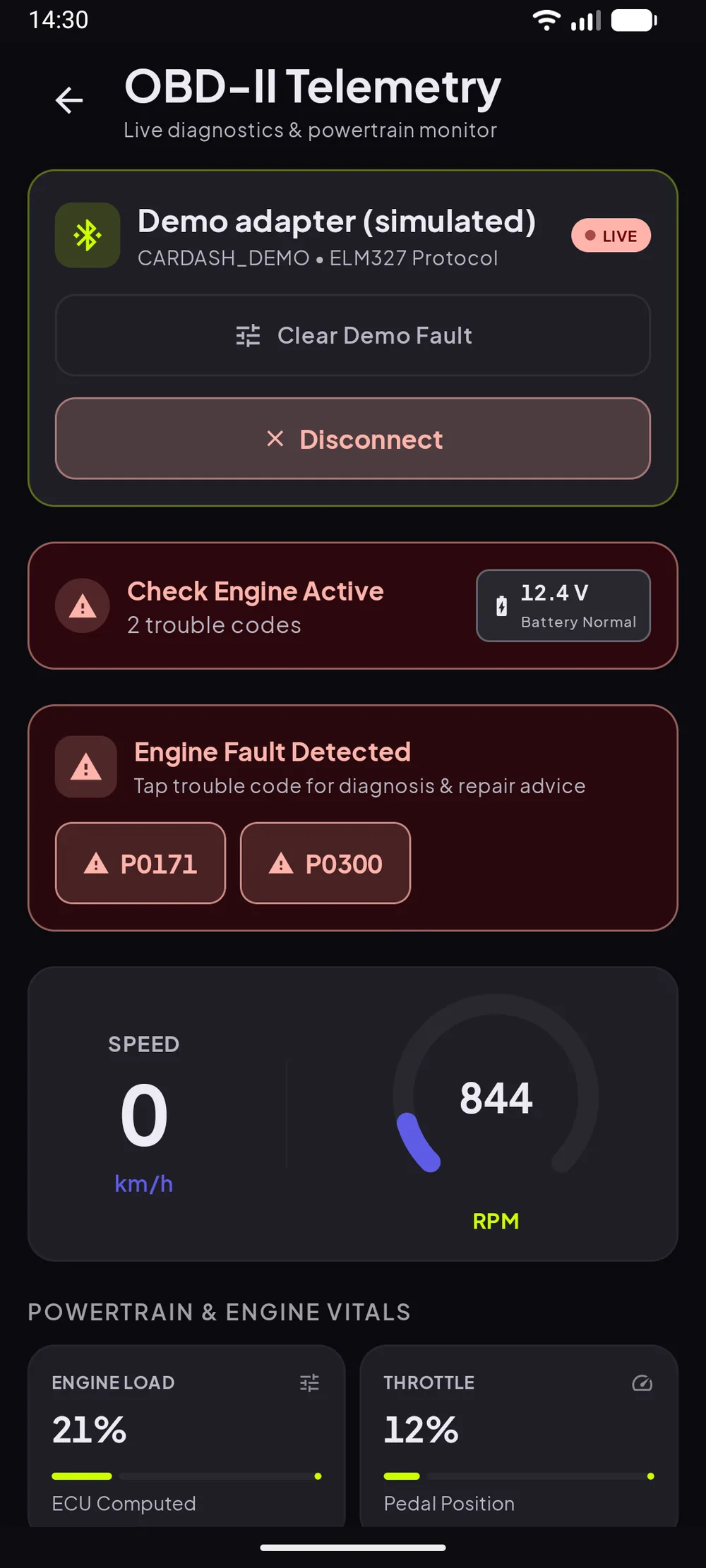 OBD-II live telemetry on a phone: engine RPM, coolant temperature, fuel level and trouble codes