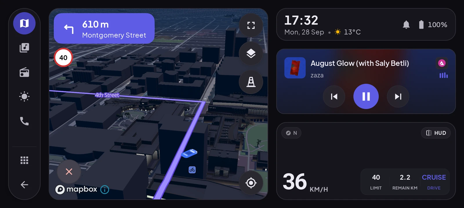 The Cardashly landscape dashboard with map, clock, media card and speedometer