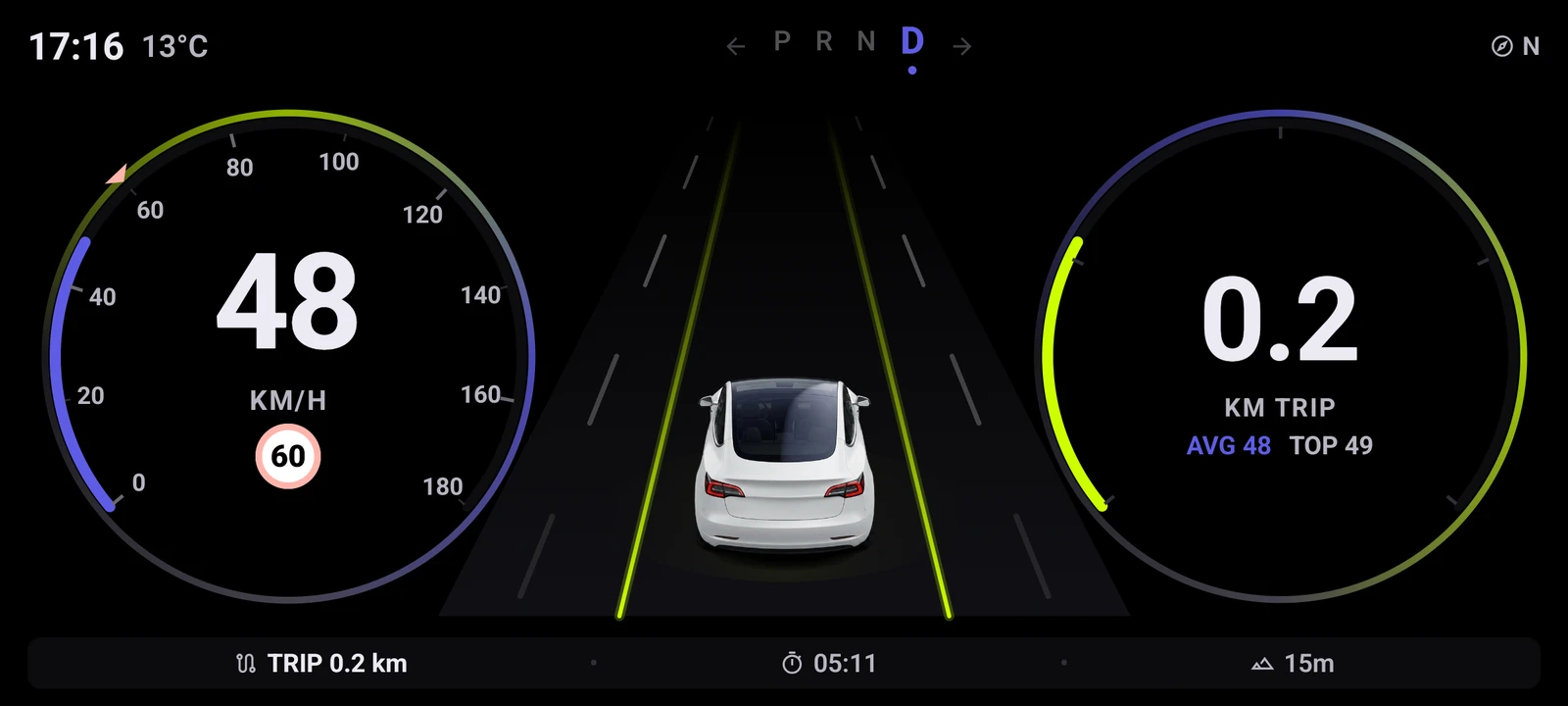 The Cardashly speedometer showing current speed in large type on a dark landscape screen