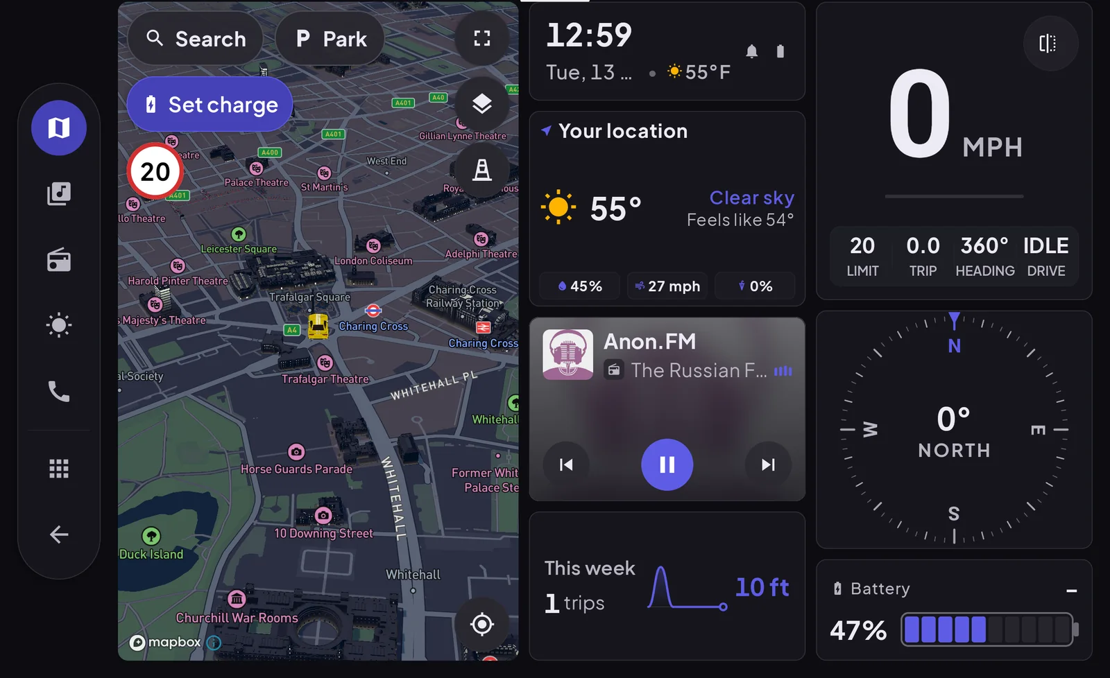 Cardashly on a 10-inch tablet: map, clock and weather, speedometer, now-playing media, compass and battery cards on one landscape screen