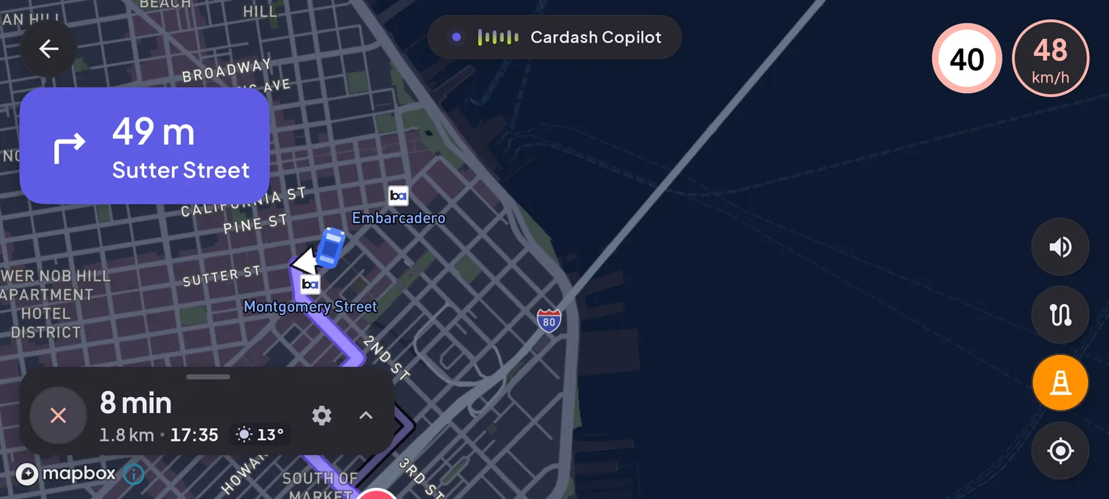 A car dashboard app in landscape: 3D navigation, speed and a speed limit on one screen